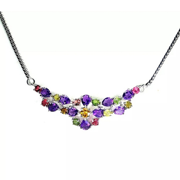 Natural Amethyst‎ 5x4mm, Citrine, Tourmaline 925 Sterling Silver Necklace - Picture 3 of 3